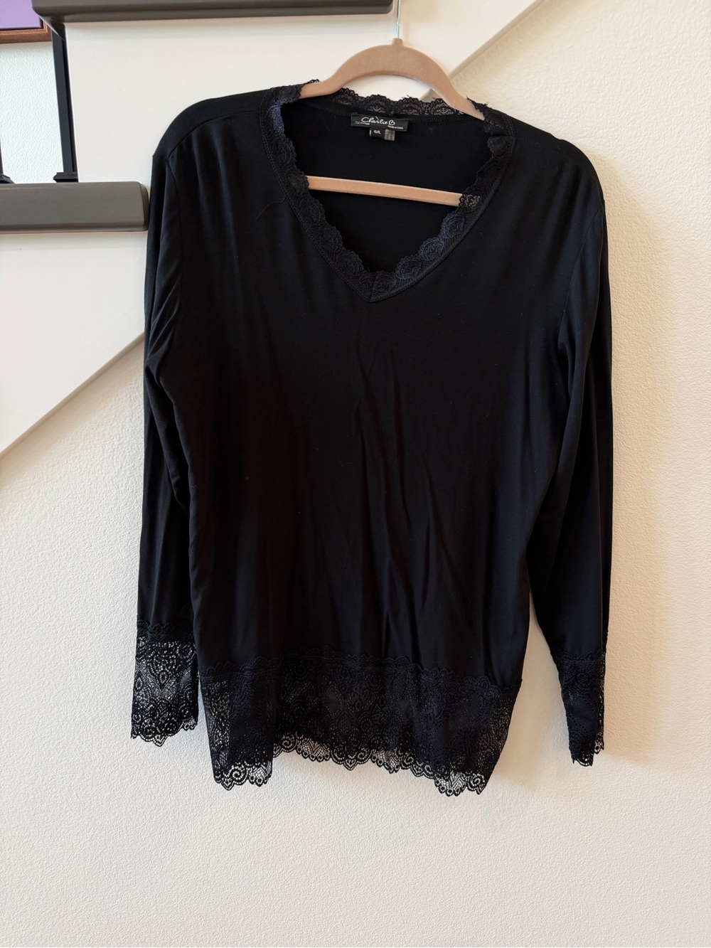 CHARLIE B Black Long Sleeve V-Neck Top with Lace Trim